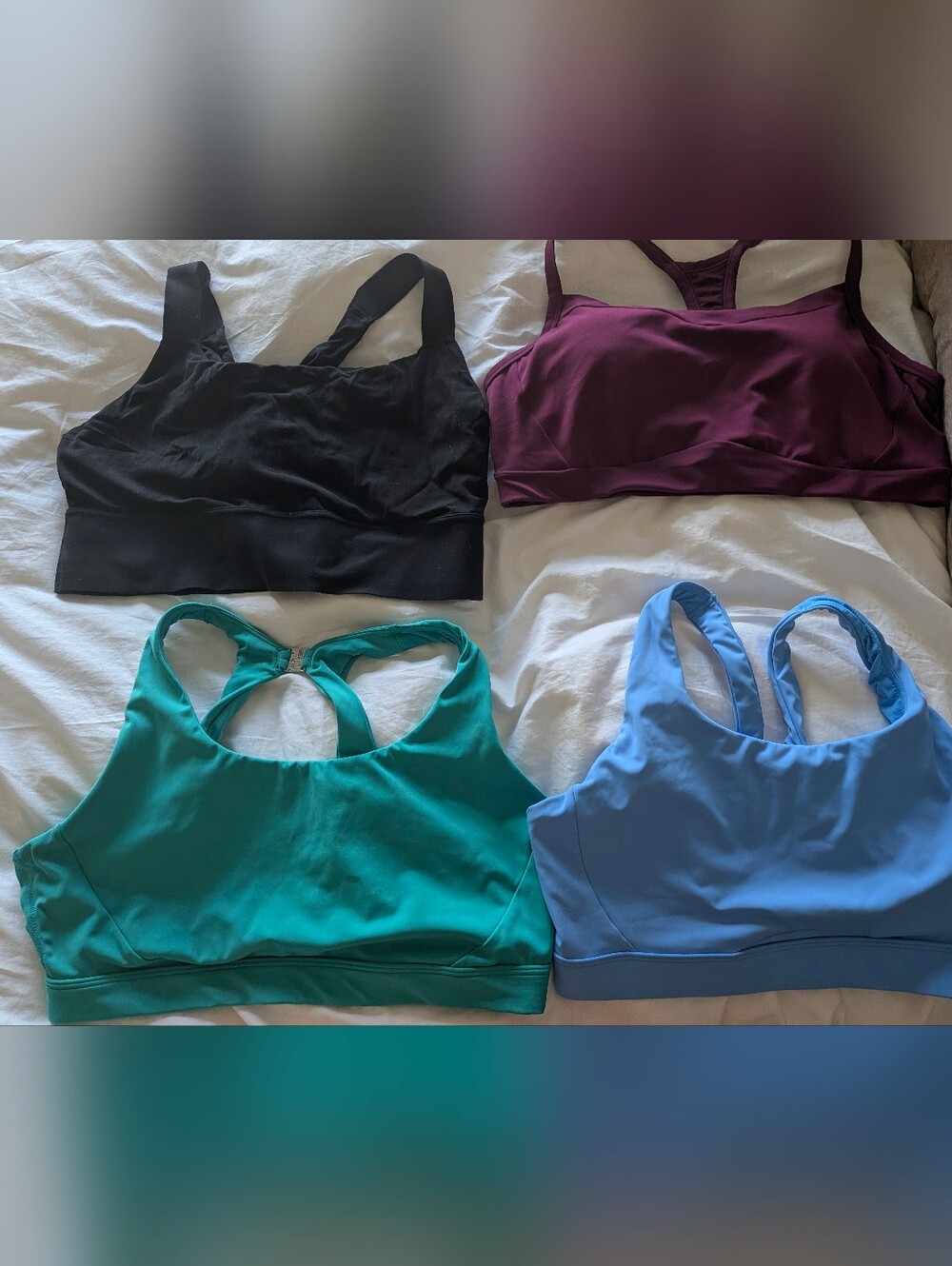Set of FOUR (4) XL AthleBras Women's Sports Bras — Black, Plum, Teal, Blue